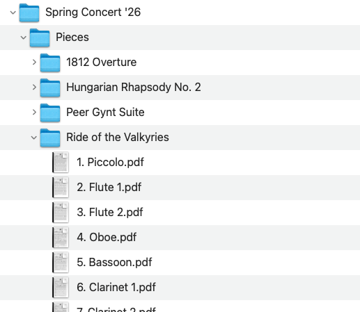 Example folder structure showing a concert folder containing a Pieces folder, piece folders, and PDFs for each part.